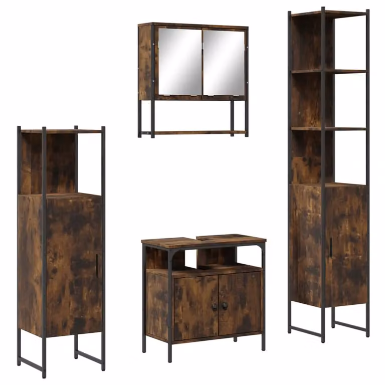 Berkfield Home 4 Piece Brown Smoked Oak Bathroom Furniture Set with Mirror Cabinet and Vanity Unit