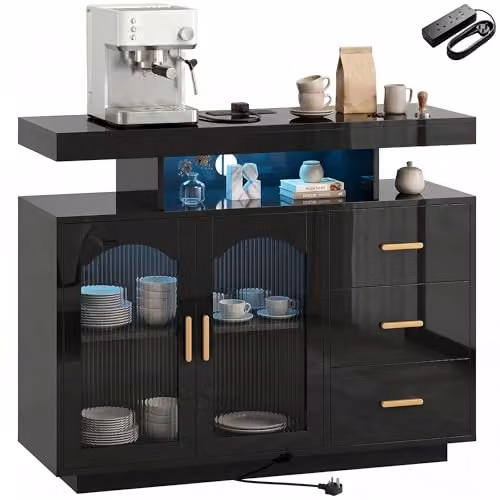 HOMCOM Modern High Gloss Sideboard in Black and Gold with Integrated Lighting and Soft Close Drawers