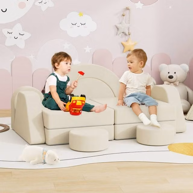 KEEPREAPER Modular Foam Kids Play Sofa Bed in Beige and White