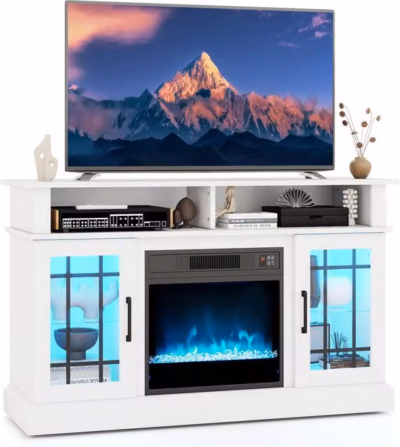 Costway Rustic White TV Stand with Electric Fireplace