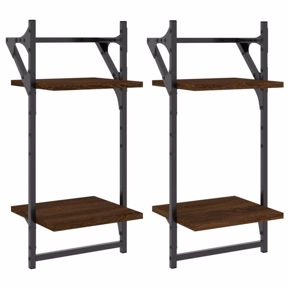 Berkfield Home Beautiful 2-Tier Wall Mounted Shelves with Bars, 2 Pieces, Brown Oak, W/D/H: 30 x 25 x 65 cm – 2