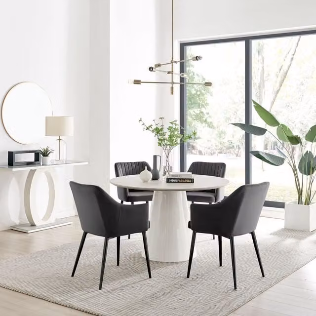 FurnitureboxUK Palma Beige Stone Effect Round Dining Table and 4 Calla Black Leg Chairs Set