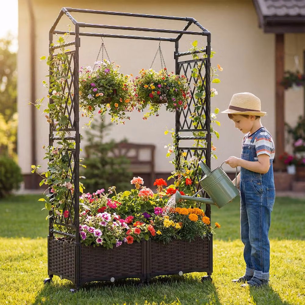 Costway Brown Self-Watering Raised Planter Boxes with Lattice Trellis and Roof for Vegetable and Herb Gardens, W: 147 cm, D: 40 cm, H: 20 cm – 6