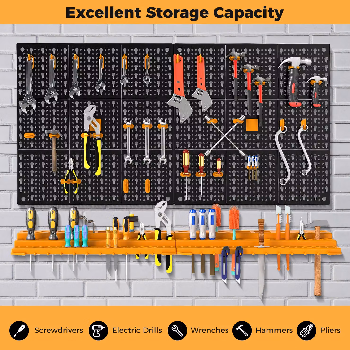 Gymax Wall Mounted Garage Tool and DIY Storage System in Yellow with 50 Hooks – 7