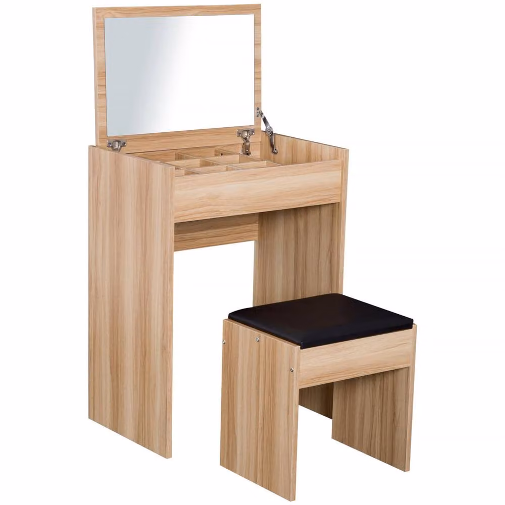 Wyld Haus Nolena Wood Effect Vanity Desk with Flip Mirror Storage and Cushioned Stool in Light Oak, W: 79.0 cm, D: 40.2 cm, H: 60.2 cm – 2