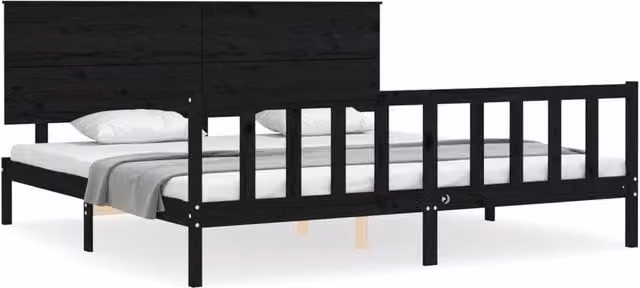 Berkfield Home Solid Wood Pine Bed Frame with Headboard in Black, 200 x 200 cm – 1