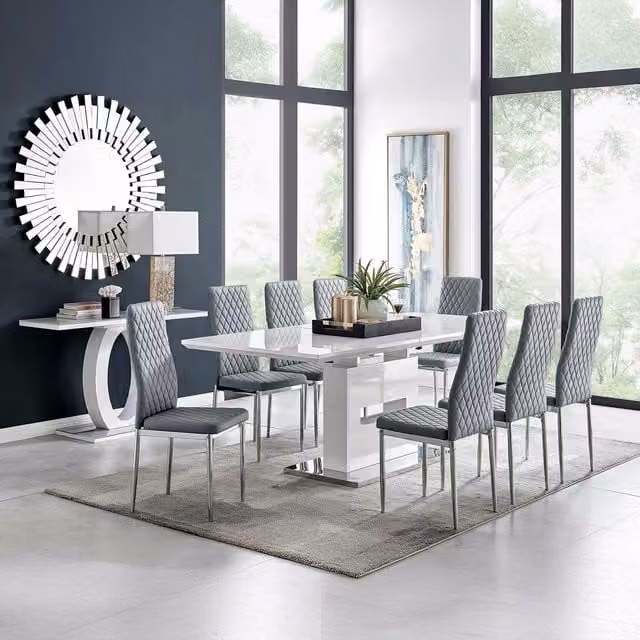 FurnitureboxUK Arezzo Large Extending Rectangular Dining Table with 8 Milan Chairs in Grey