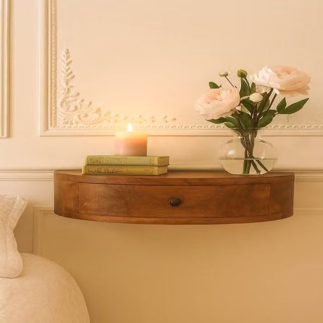 Artisan Furniture Mango Wood Wall Mounted Rounded Bedside Table in Brown