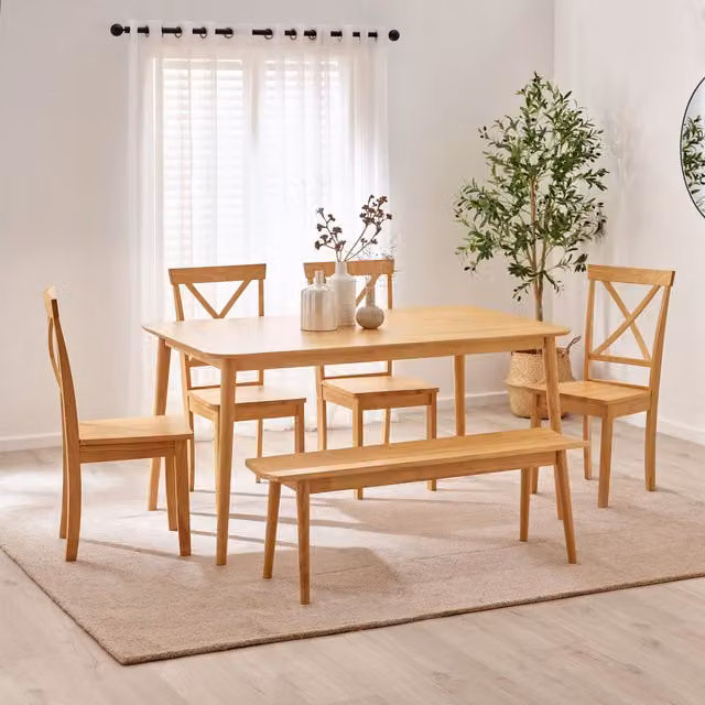 FurnitureboxUK Lynton Mid-Century Solid Wood Dining Set in Oak with 4 Chairs and 1 Bench