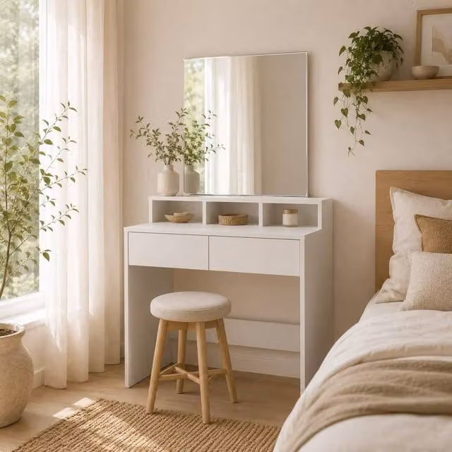 Wyld Haus Linora Roso White Dressing Table with LED Hollywood Mirror, Shelves and Drawers, W/D/H: 135 x 38 x 75 cm – 1