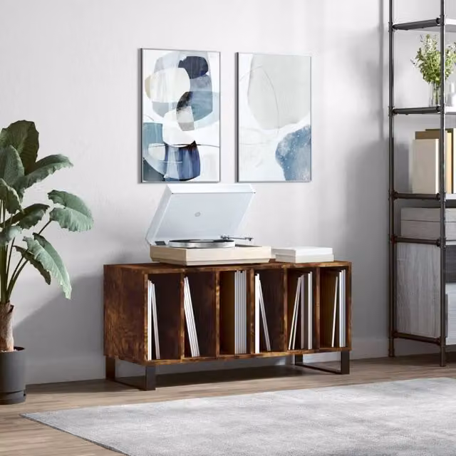 Berkfield Home Smoked Oak Record Cabinet in Brown, W/D/H: 100 x 38 x 48 cm