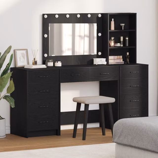 Berkfield Home 3 Piece Hollywood LED Dressing Table Set in Black Matt MDF