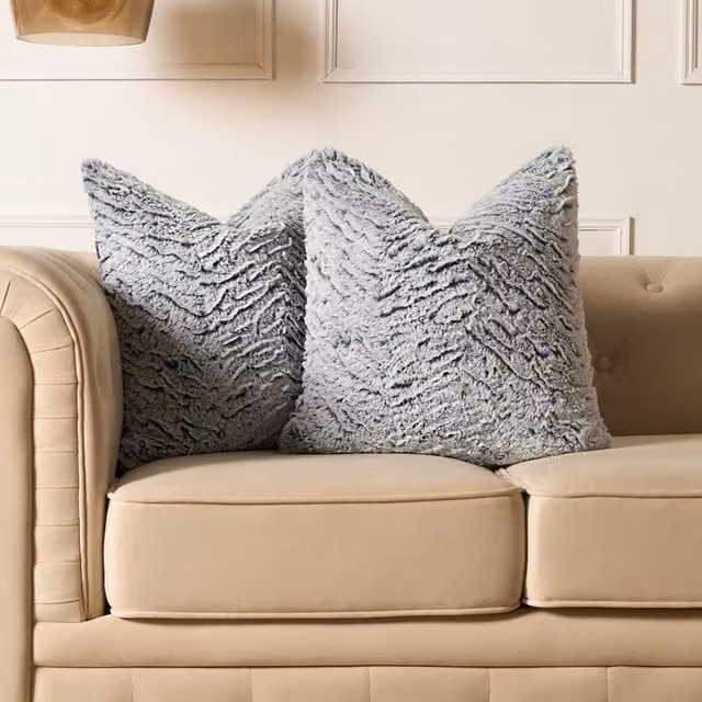 OHS Pack of 4 Two Tone Faux Fur Square Cushion Covers in Grey