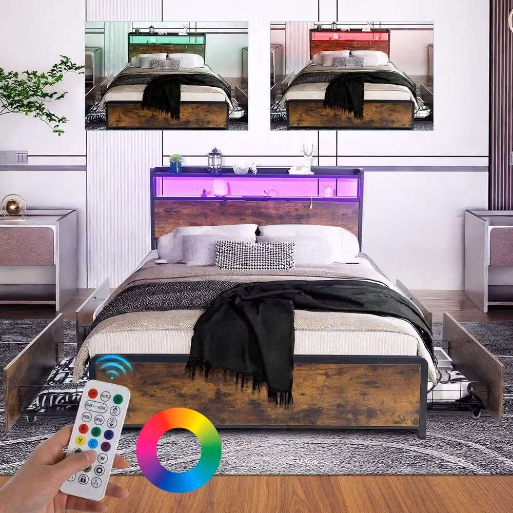 PAWNORA Double Bed Frame with LED Under-Bed Lighting in Brown – 2