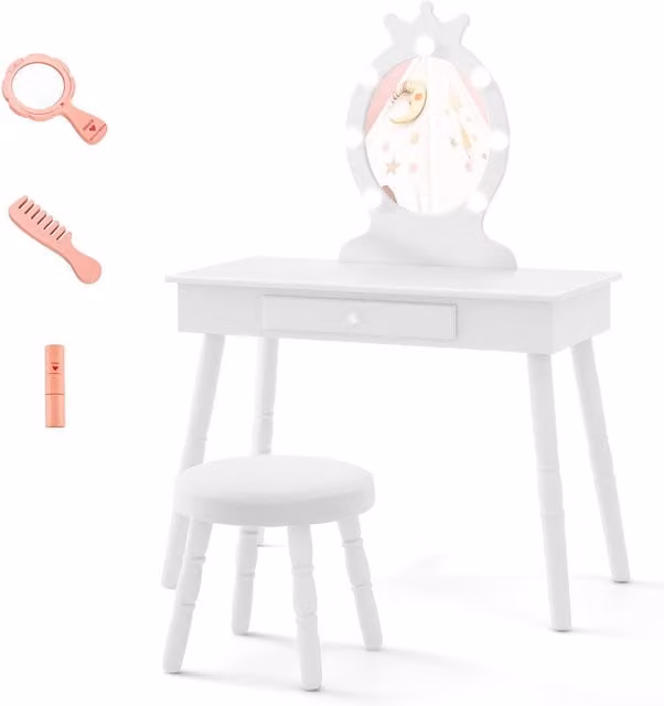 Gymax Kids Vanity Table Set with Stool and LED Hollywood Light and Drawer in White