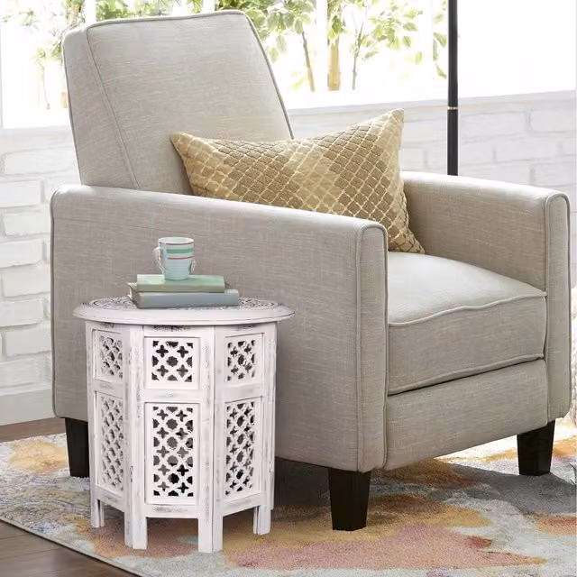 Topfurnishing Round Carved Wooden Coffee, Bedside or End Table in White