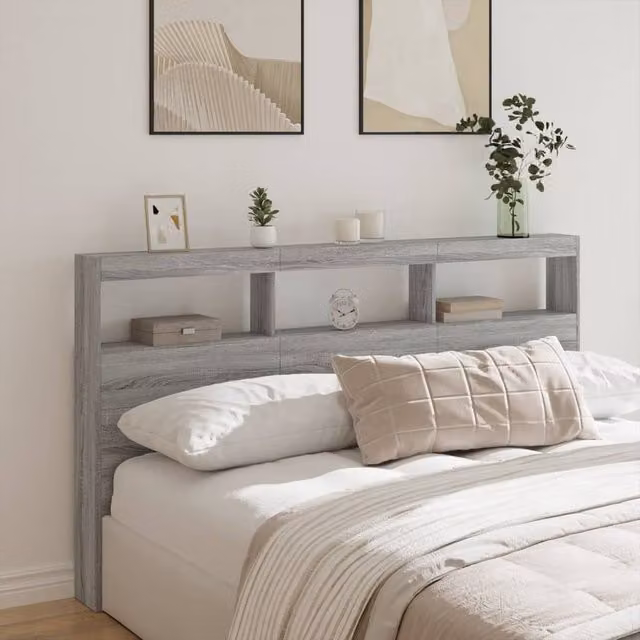 Berkfield Home Modern Headboard Cabinet with LED Lighting and USB Charging Port, Grey Sonoma, W/D/H: 180 x 17 x 102 cm – 1