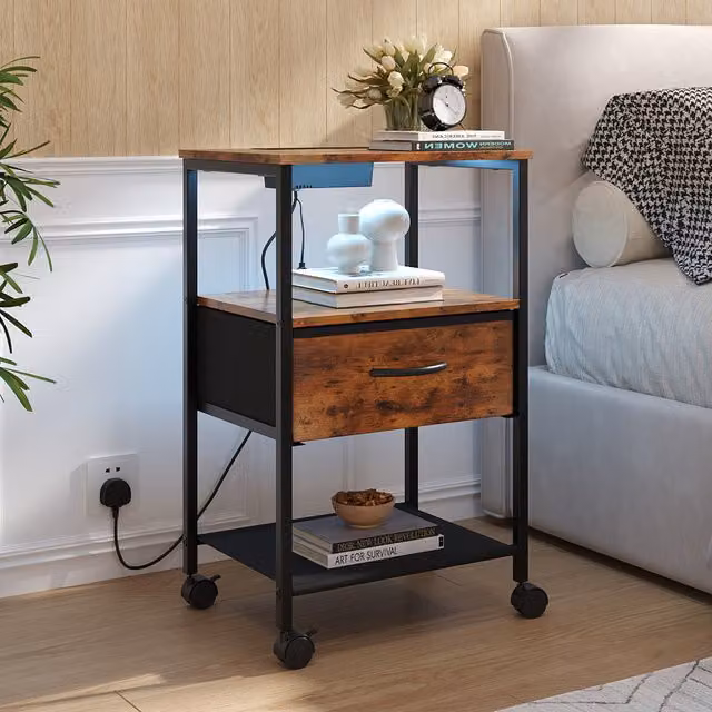 Livingandhome Industrial Bedside Cabinet with Integrated LED Lighting and Charging Station in Dark Brown and Black