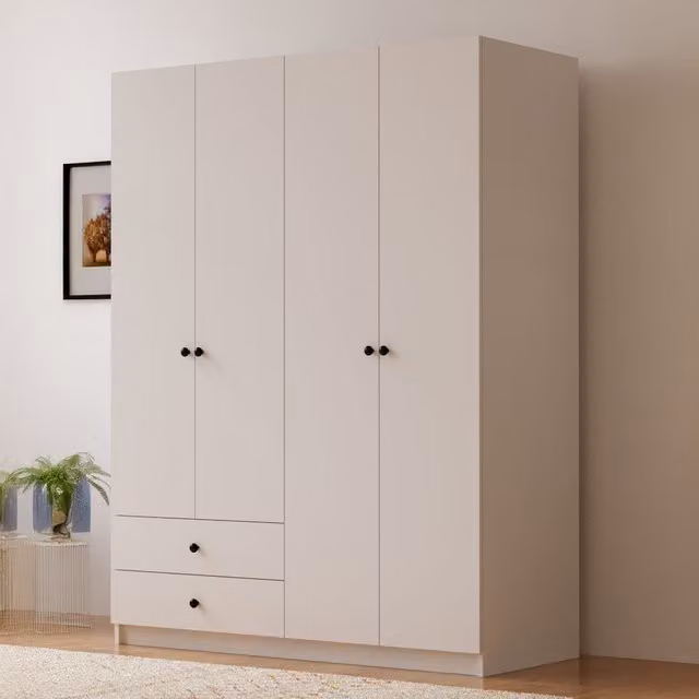 EVUHOME Modern White 4 Door 2 Drawer Wardrobe H 180 x W 120 x D 45 cm