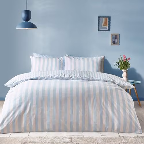 Sassy B Stripe Tease Reversible King Duvet Cover and Pillowcase Set in Blue, W/D/H: 180 x 200 cm and 50 x 75 cm