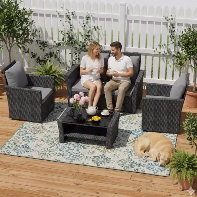 BIRCHTREE Modern Black Rattan Garden Furniture Outdoor Set