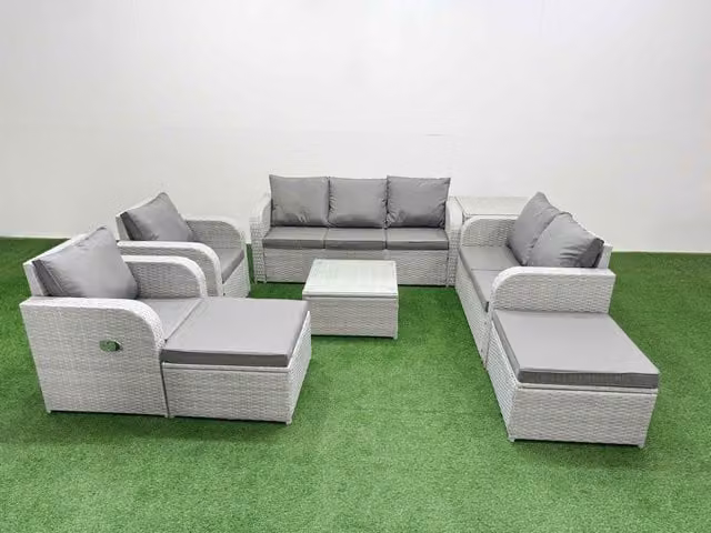Fimous Grey PE Rattan Garden Furniture Set with 3 Seater Sofa, Armchair, Coffee Table and Ottoman