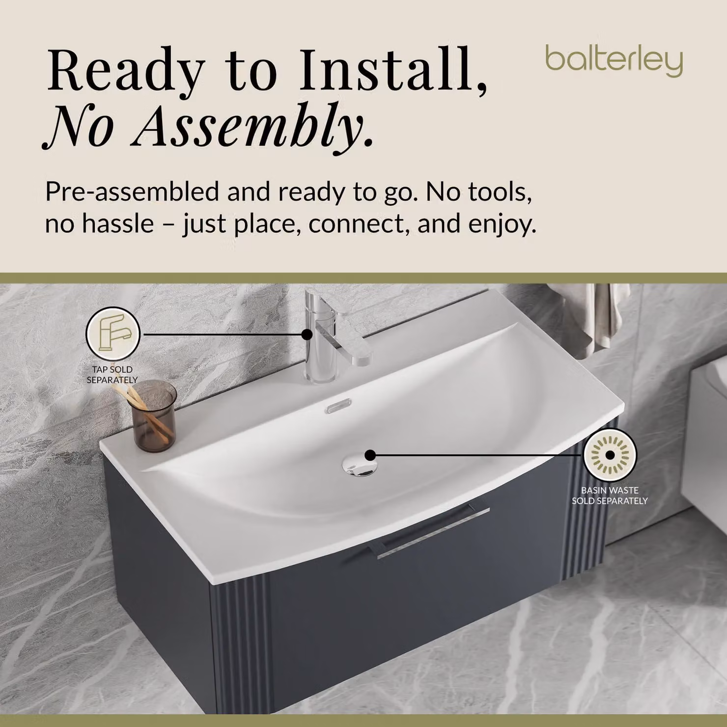 Balterley Wall Hung 1 Drawer Vanity Unit with Curved Basin, Dark Grey, Width: 80 cm – 4