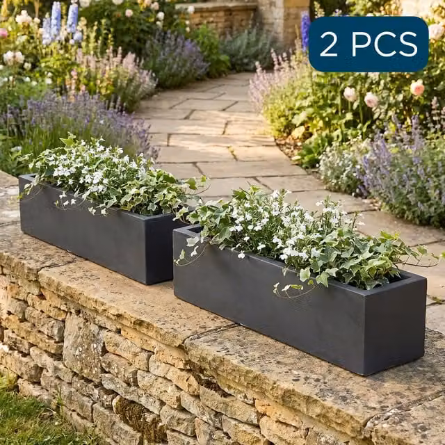Idealist Set of 2 Slate Grey Reinforced Stone Window Box Planters, Width: 80 cm