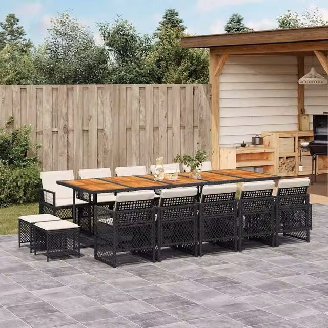 Berkfield Home 15 Piece Black Poly Rattan Garden Dining Set with Acacia Wood Table and Cushions – 1