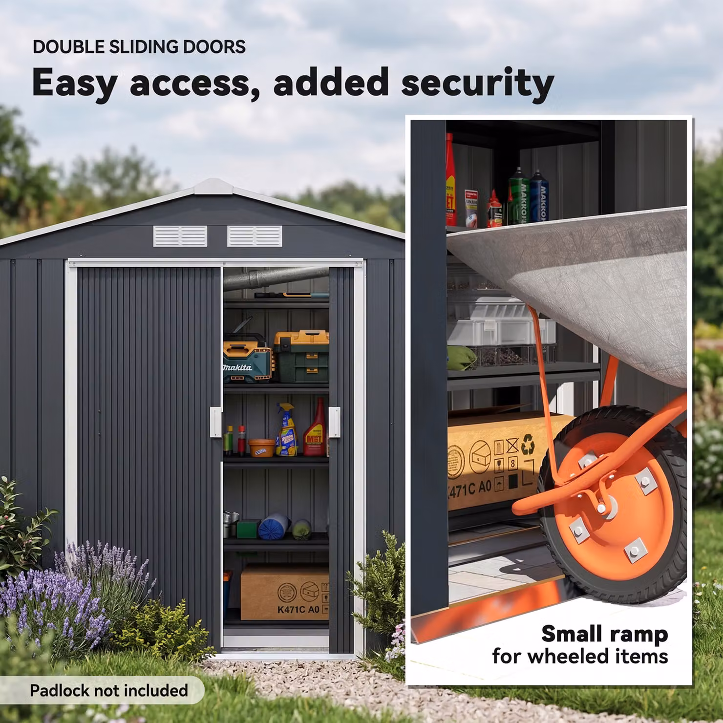 Outsunny Weatherproof Metal Garden Tool Shed with Foundation and Sliding Doors, Dark Grey, W: 216.96 cm, D: 121.92 cm, H: 185.0 cm – 5