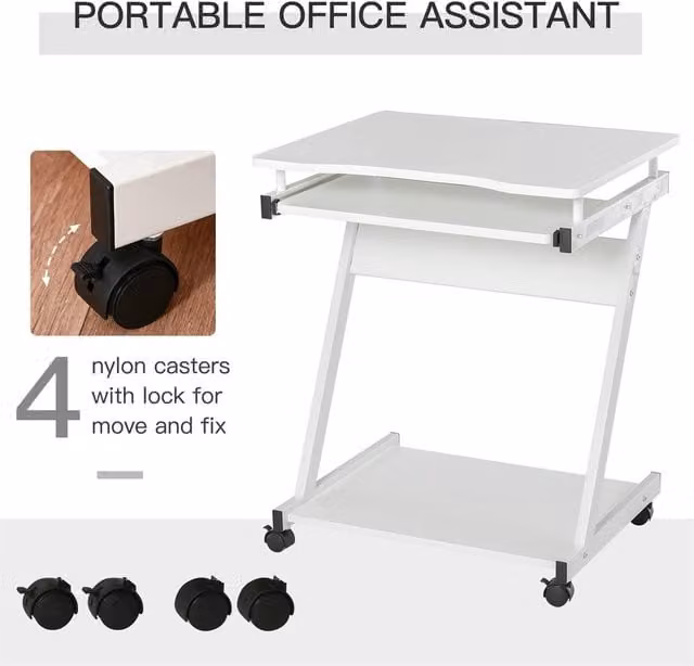 Kelvenix White Movable Computer Desk with Castors – 1