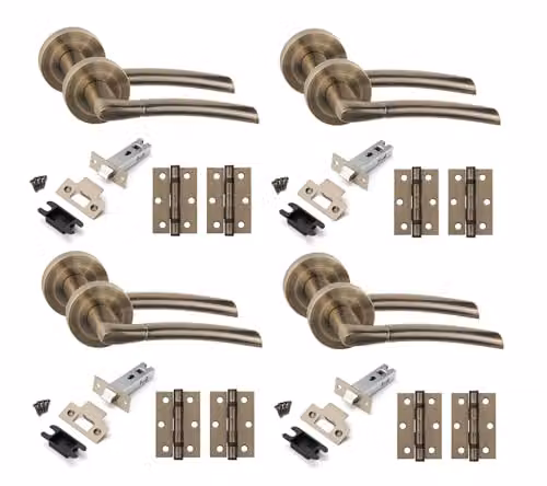Golden Grace Indiana Door Handles with Latch and Hinges, Antique Brass, 4 Sets – 1