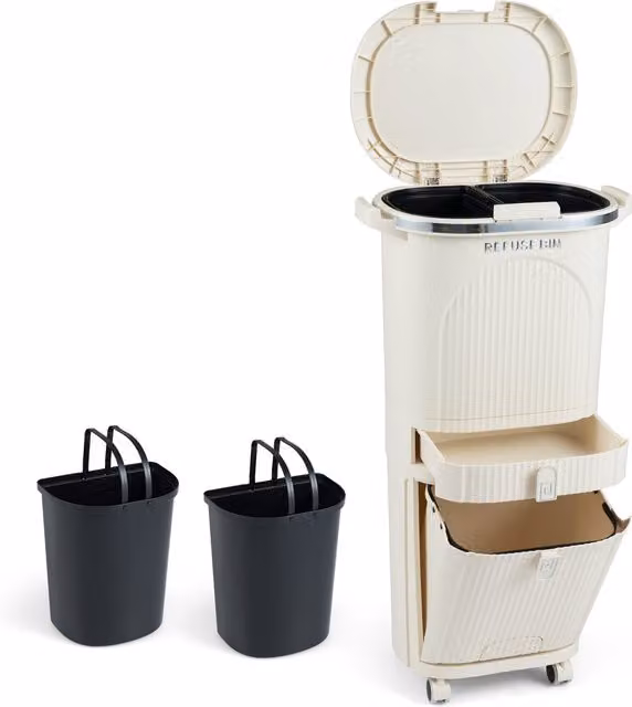 Costway White Plastic Pedal Kitchen Trash Can with Lid, 42 l