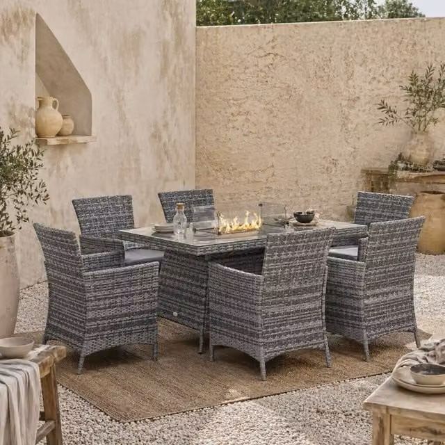 Wyld Haus Ravezi Grey Rattan 6 Seater Garden Dining Set with Fire Pit Table – 1