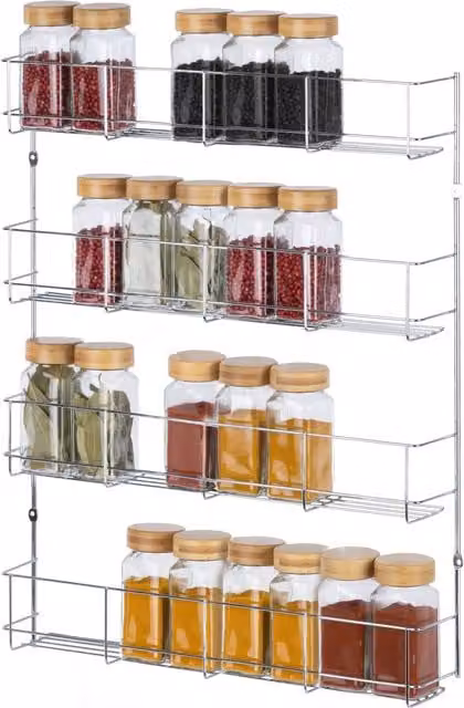 LIVIVO 4 Tier Metal Spice Rack with Cupboard Door in Metallic Silver – 1