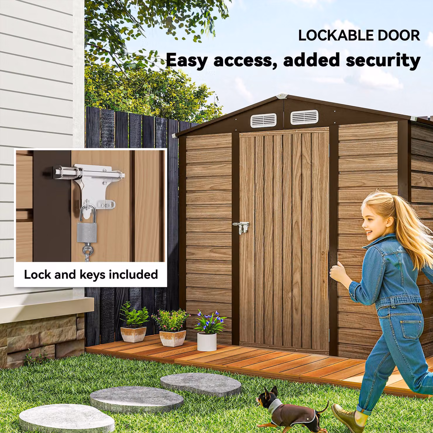 Outsunny Galvanised Steel Garden Shed with Lockable Single Door, Brown, W/D/H: 188 x 121.92 x 124 cm – 5