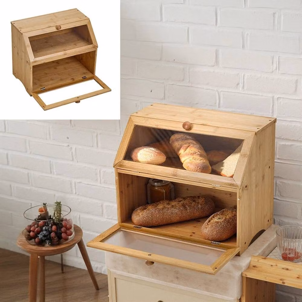 FORGEVIO Burlywood Bamboo Bread Box with Glass Door and Compartments in Brown, W/D/H: 39.0 x 32.0 x 0.6 cm – 4