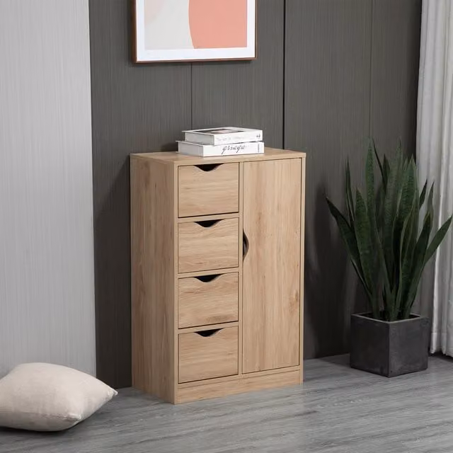 HOMCOM Modern Yellow Bathroom Floor Cabinet with 4 Drawers and Cupboard