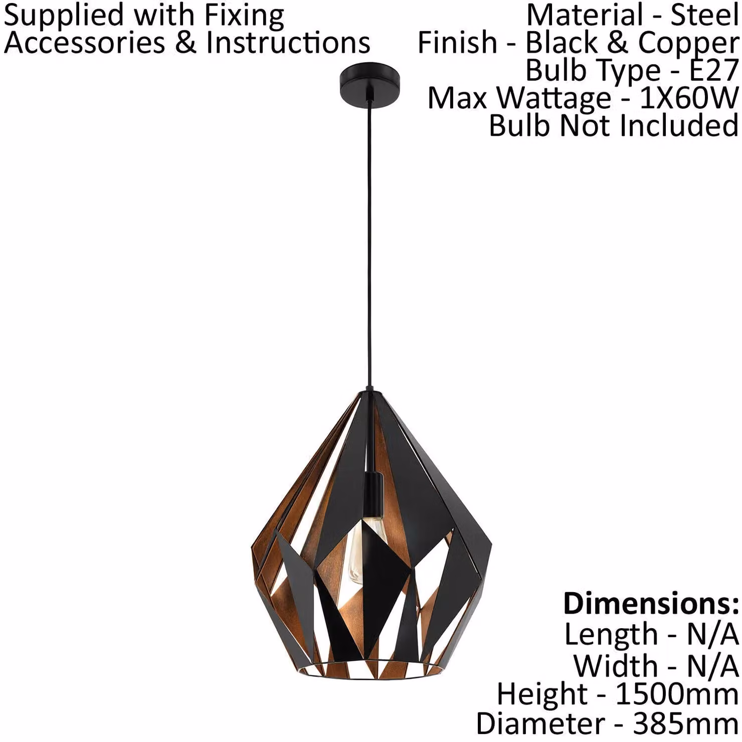 Loops Modern Geometric Hanging Ceiling Pendant Light in Black and Copper, 60W E27 – 2
