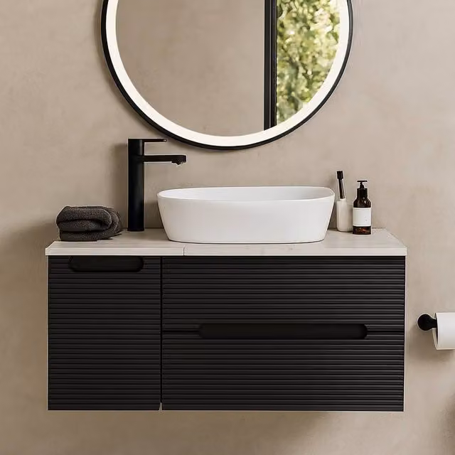 Bathroom Kingdom Monza Black and Grey Fluted Wall Hung Vanity Basin, Width: 90 cm