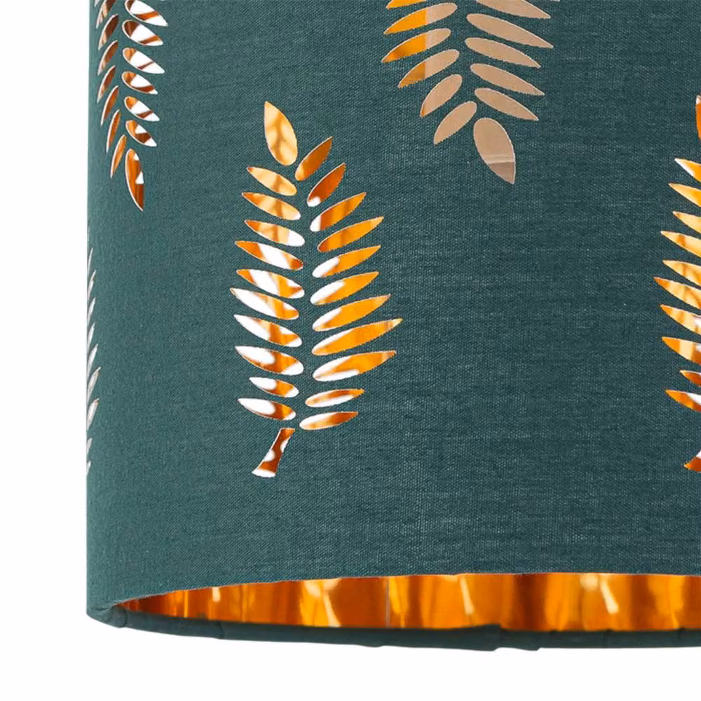 First Choice Lighting Antique Brass Stick Table Lamp with Dark Green Fern Cut Out Fabric Shade in Bronze – 3