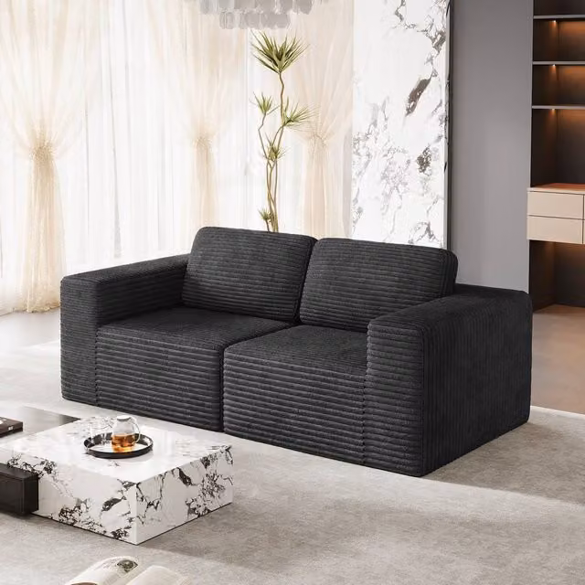 Dprodo Corduroy Modular Loveseat Sofa in Black with Matching Ottoman and Removable Covers, W: 202 cm, D: 101 cm, H: 82 cm