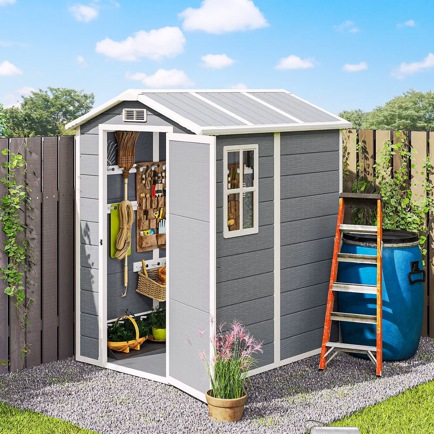 Outsunny Grey Outdoor Storage Shed with Built-In Floor, Lockable Door, Windows and Vents, W/D/H: 121.92 x 175 x 121.92 cm – 6
