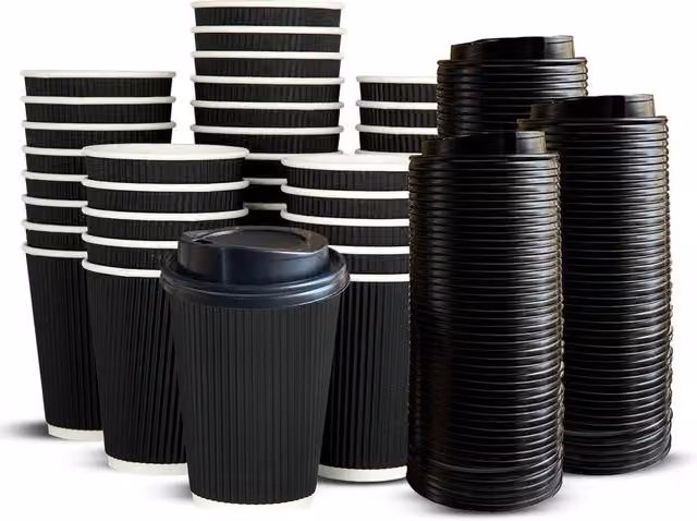 ECONX 100 Pack Disposable Triple Wall Paper Coffee Cups with Lids, 12oz, Black – 9