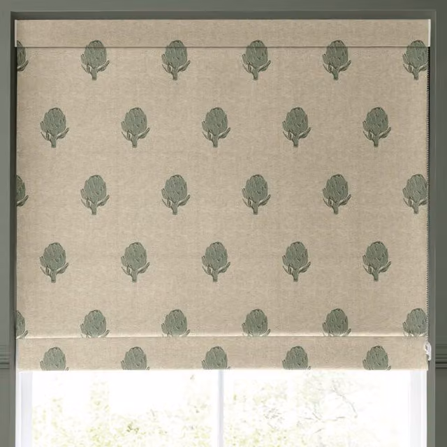 Emily Bond Globe Made to Measure Blackout Roman Blind in Fern Green and Beige