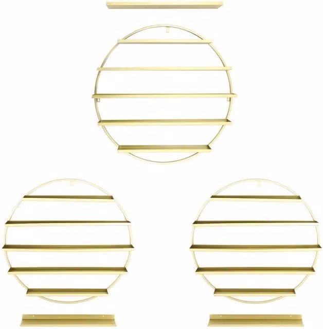 VOGREX 3-Piece Round Wall Mounted Nail Polish Display Rack in Matt Gold Metal