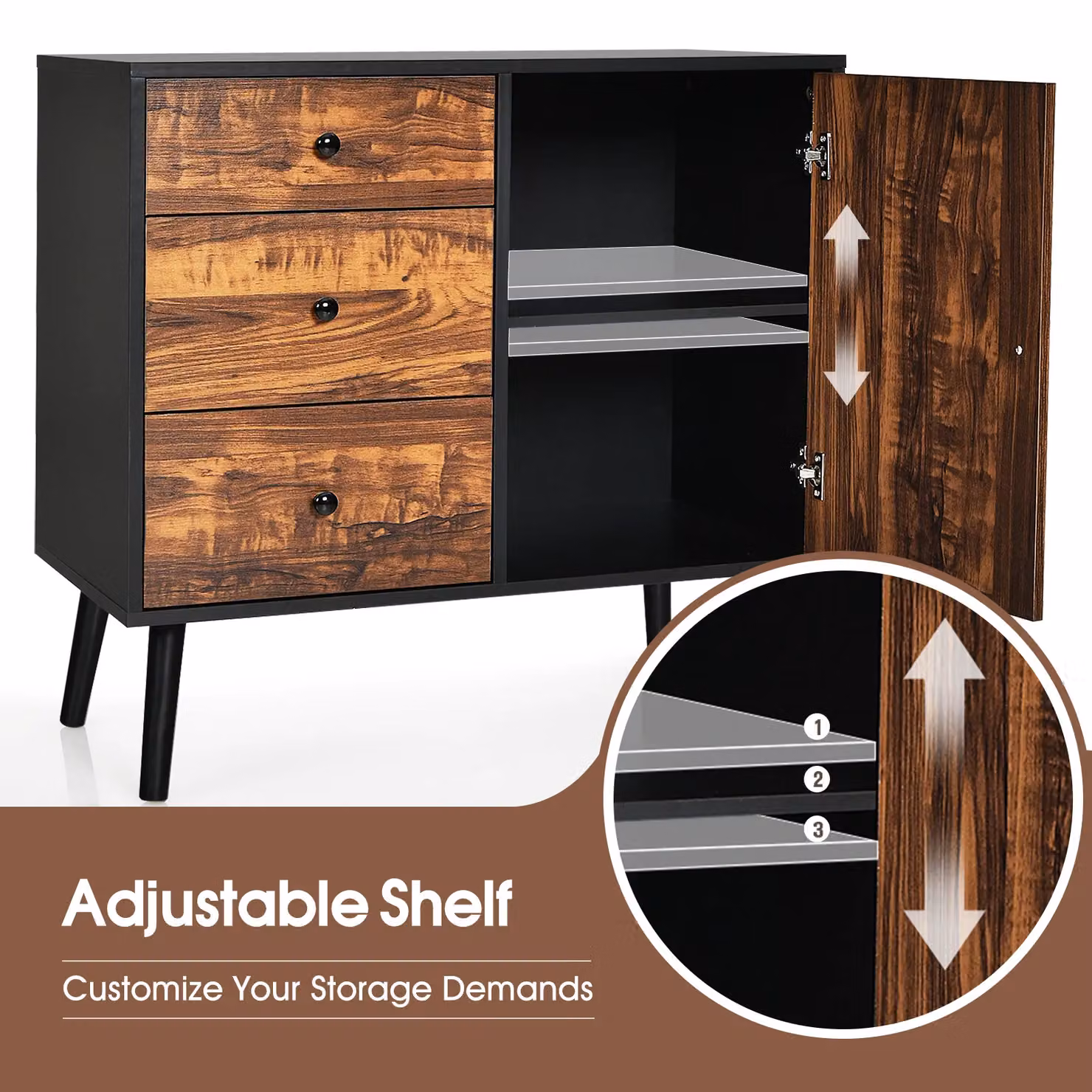 Costway Industrial Storage Cabinet, Brown Wooden Buffet Sideboard with 3 Drawers and Door – 4