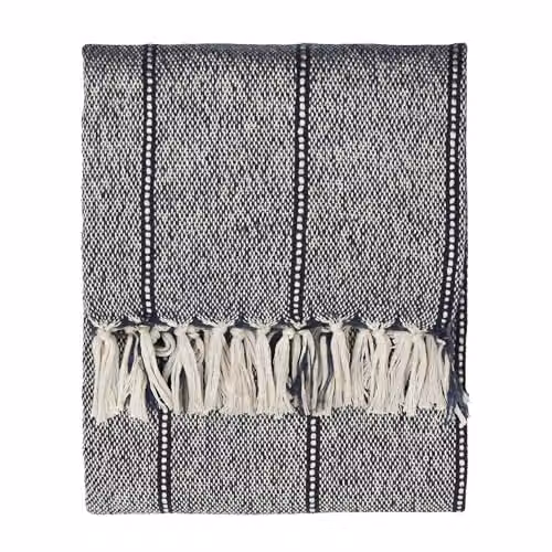 Riva Home Yard Woven Striped Throw with Fringes in Blue, W: 130 cm, D: 180 cm – 1
