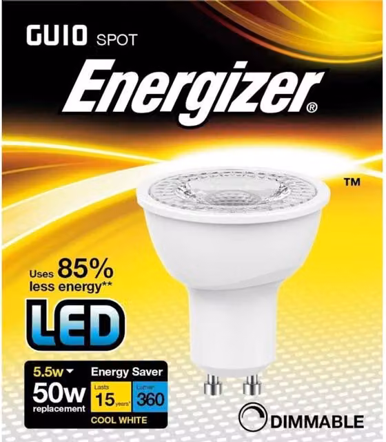 Energizer LED GU10 5.5W Light Bulb, 360lm, 4000K Cool White, Dimmable, White