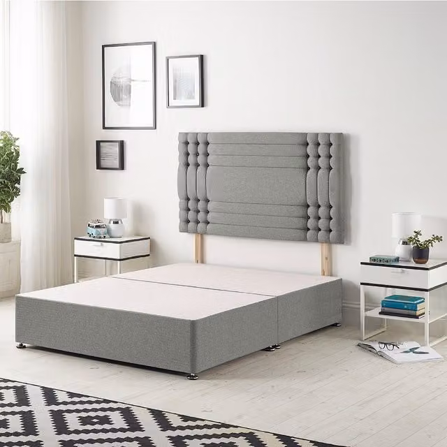Somnior Beds Ltd Saville Linen Fabric Upholstered Divan Bed Base with Drawers and 32 inch Headboard, Silver/Grey, W: 200 cm, D: 200 cm